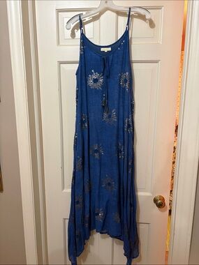 Sleeveless Asymmetrical Maxi Dress in Deep Blue with Sequin Motifs